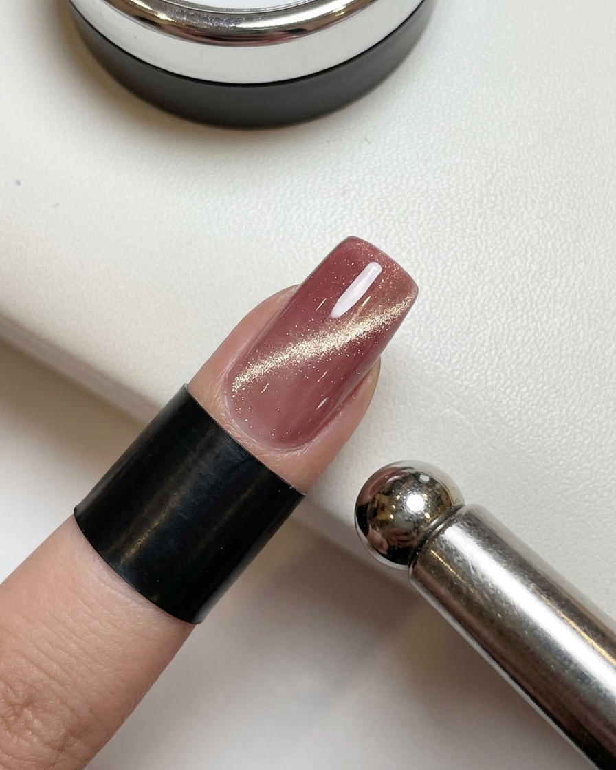 Primo piano di un dito con smalto cat-eye rosa antico bagnato, con un magnete metallico cilindrico tenuto vicino al lato dellunghia per creare un ampio effetto dorato.