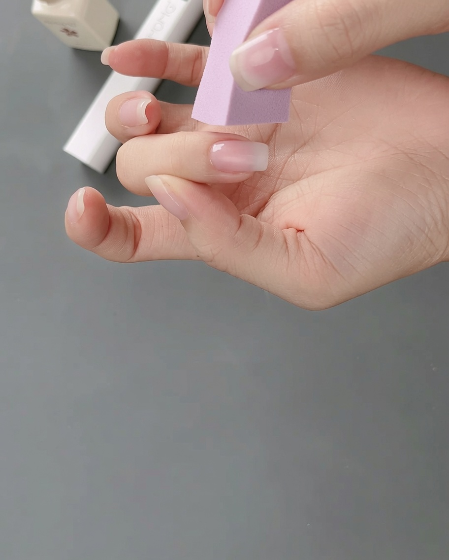Primo piano di una mano sotto una lampada UV/LED professionale con lunghia visibile durante il processo di polimerizzazione.