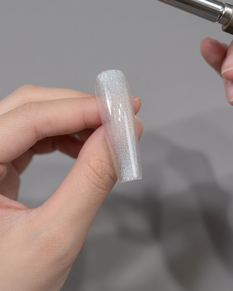 Una calamita tenuta sopra una tip per manipolare le particelle del gel cat eye in un riflesso luminoso.