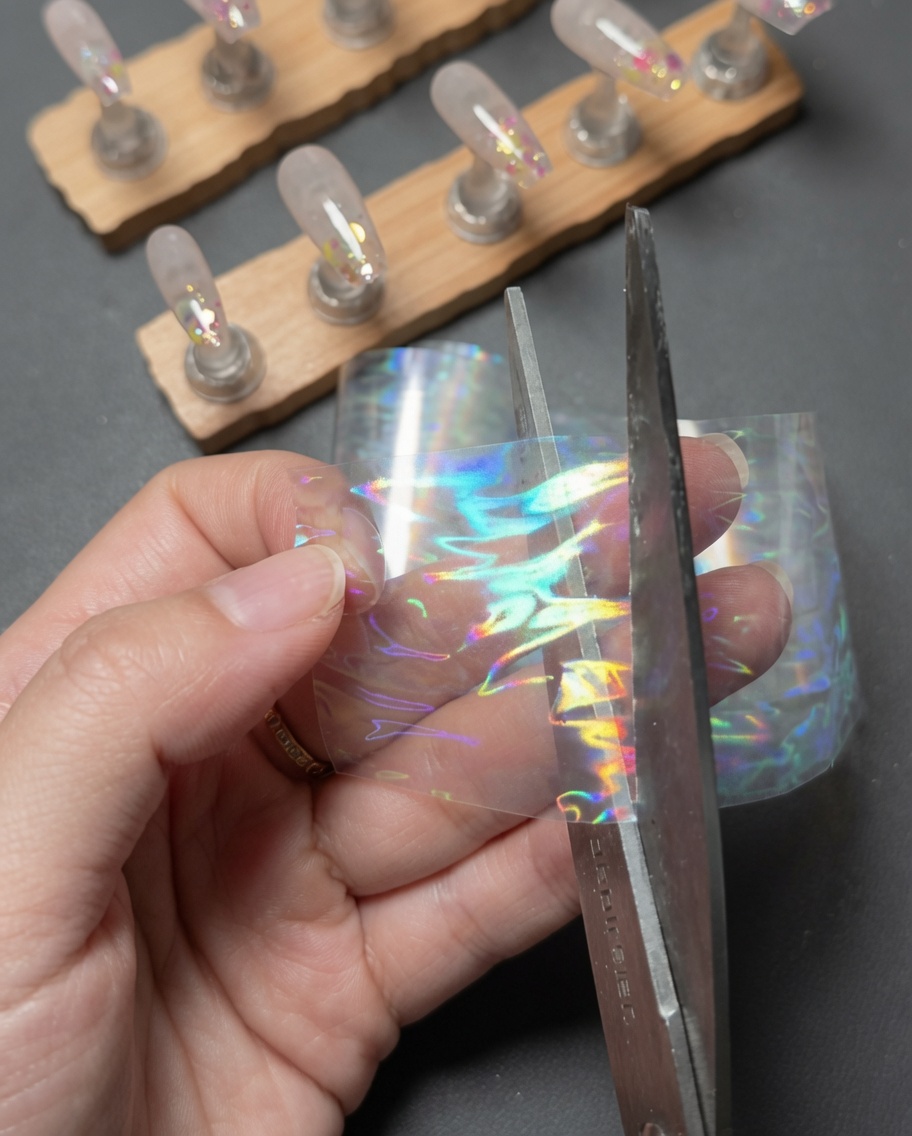Mani che usano le forbici per tagliare un piccolo pezzo rettangolare da una striscia di pellicola transfer olografica laser aurora.