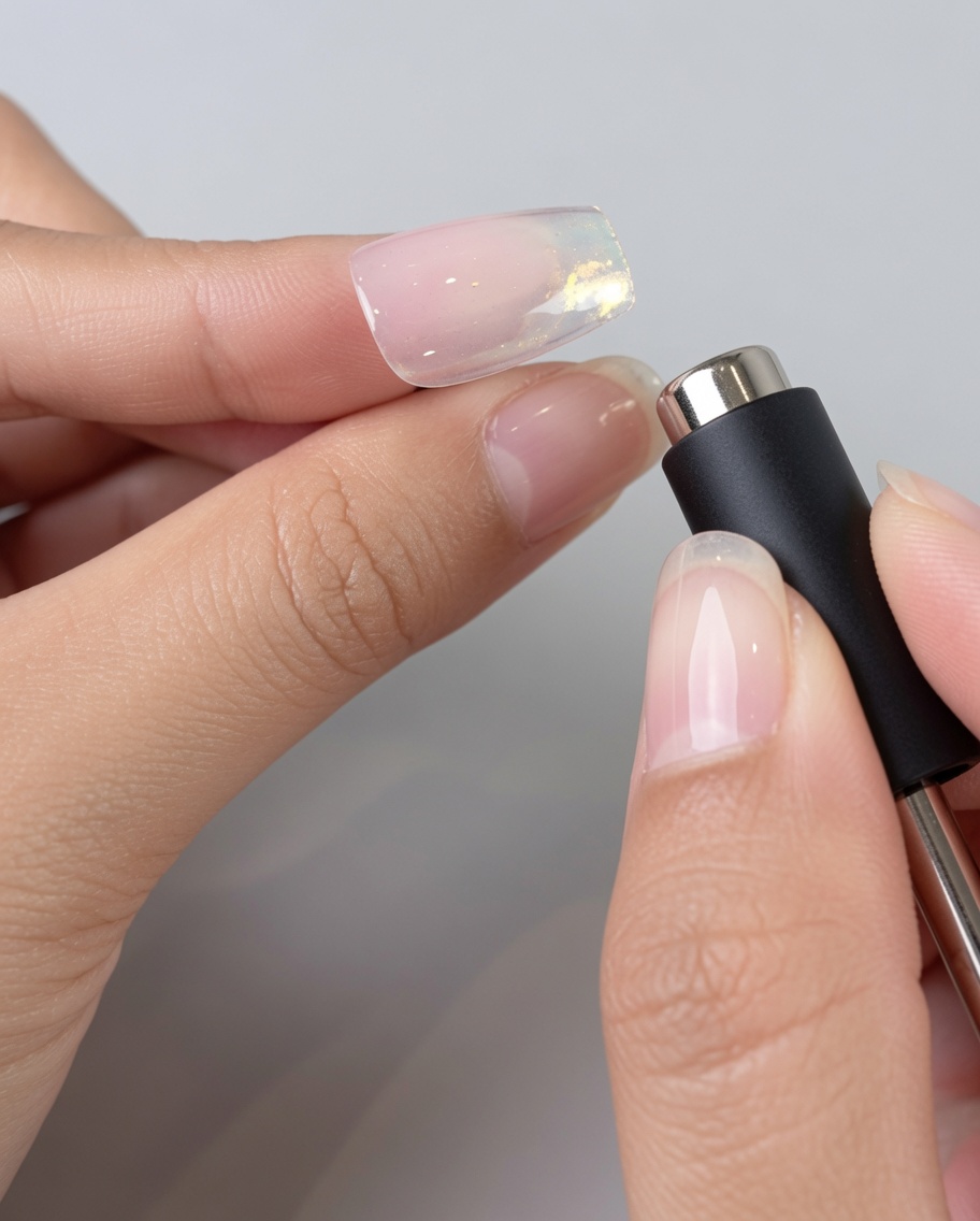 Un magnete tenuto vicino a ununghia gel, mostrando lo spostamento delle particelle magnetiche.