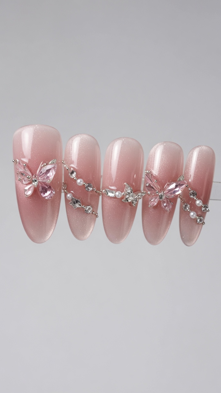 Nail Art Cat-Eye Rosa Nude con Farfalla — Elegante Tutorial 3D