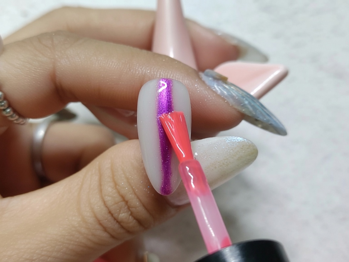 Un pennellino da nail art che crea una striscia verticale rossa e brillante al centro di ununghia dal finish metallico.