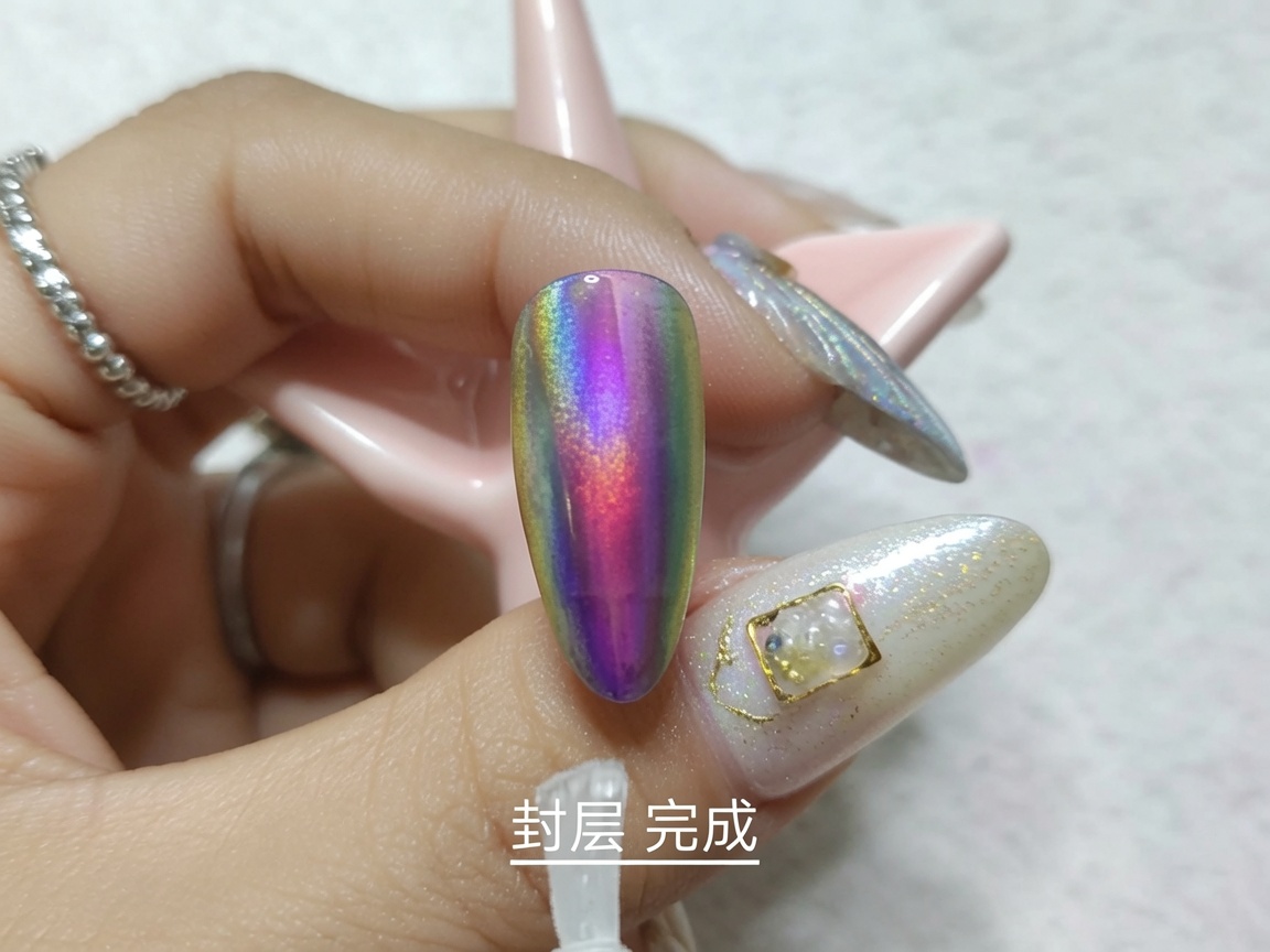 Una mano allinterno di una lampada UV per unghie, con le dita illuminate dalla luce viola durante la polimerizzazione finale.