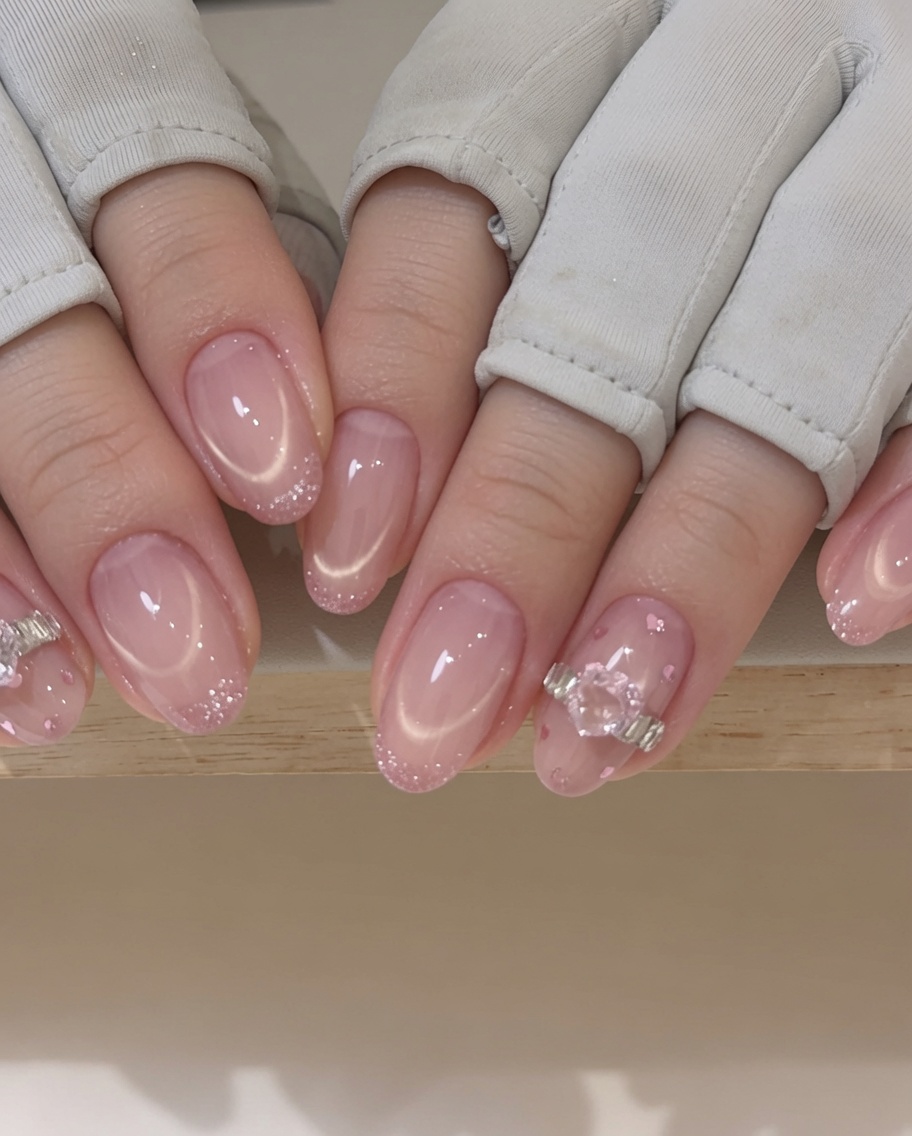 Un magnete viene tenuto sopra ununghia verniciata con gel fresco per creare una linea di riflesso nitida.