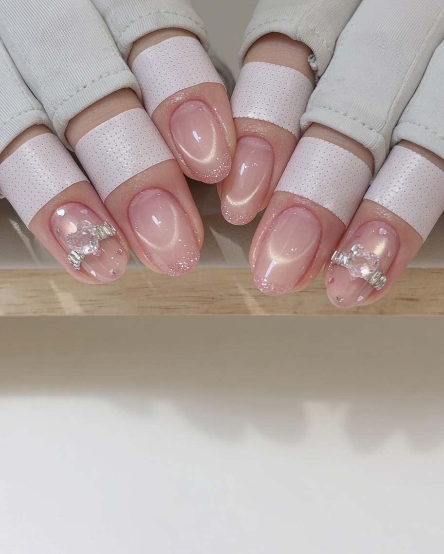 Primo piano di una piccola goccia di gel adesivo trasparente posizionata su ununghia.