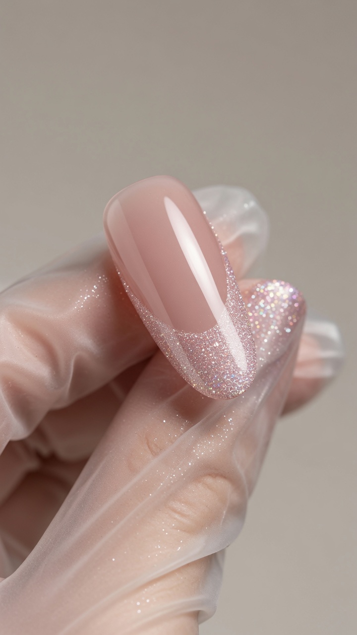 Primo piano di una sofisticata French manicure caratterizzata da una base nude rosata satinata ed eleganti punte decorate con glitter.