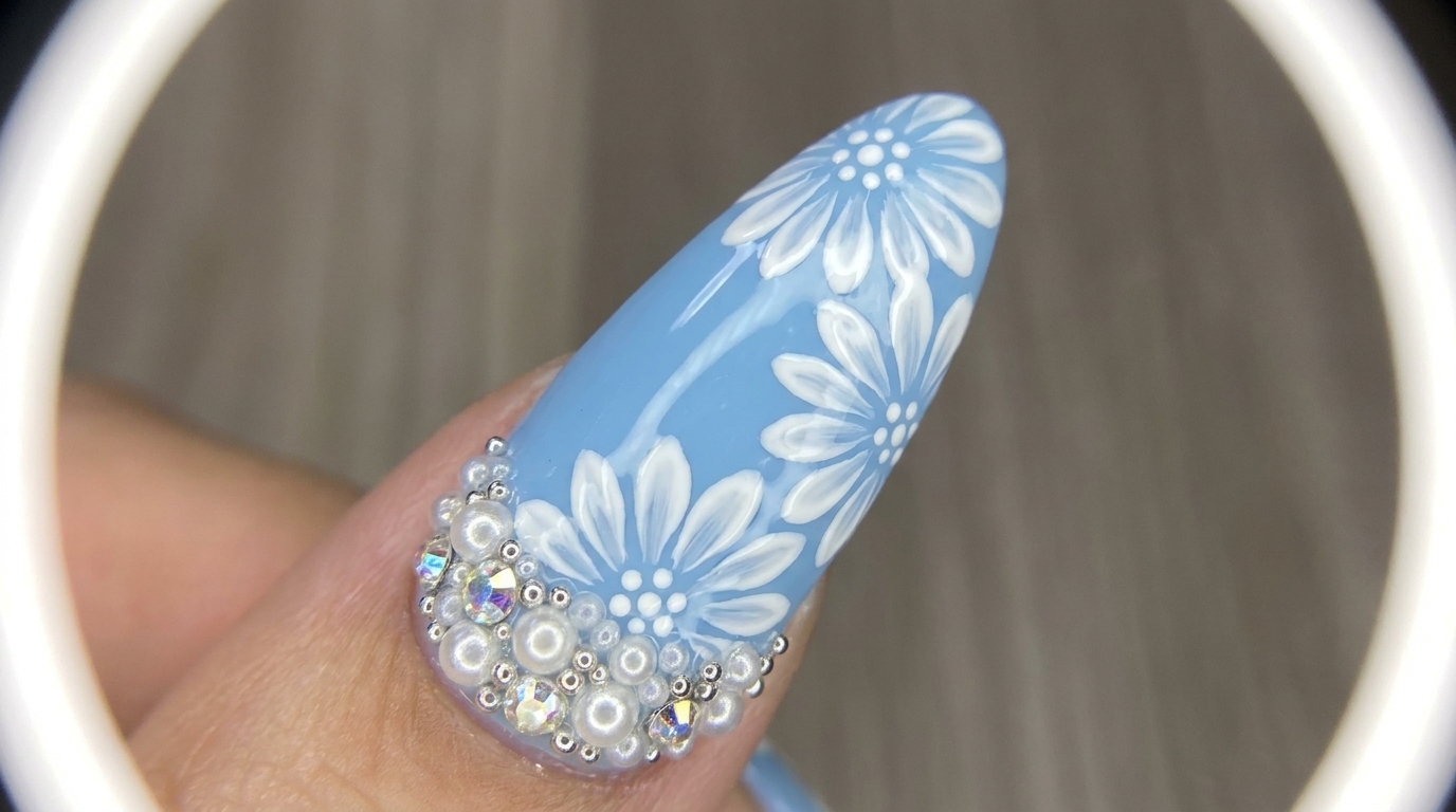Intricata nail art a margherita a doppio strato dipinta a mano su base azzurra lucida, arricchita da cristalli e perle.