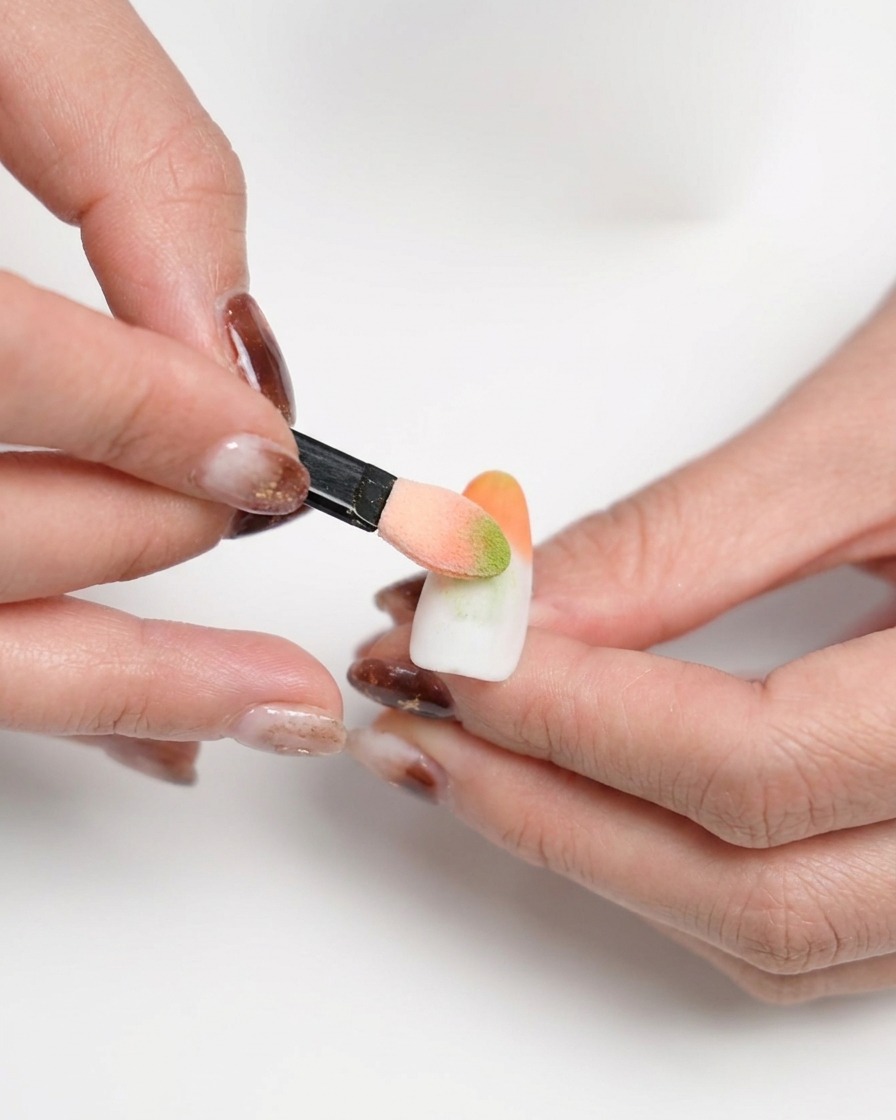 Una mano che utilizza una piccola spugnetta per picchiettare colore arancio sulla punta di ununghia opaca bianca sfumandolo in un effetto ombré.