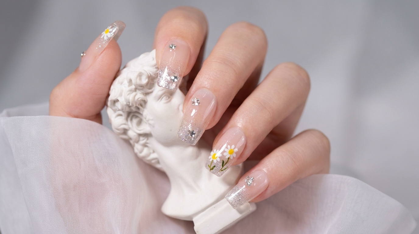 Manicure Gel con Margherite Dipinte a Mano e Sfumatura Riflettente