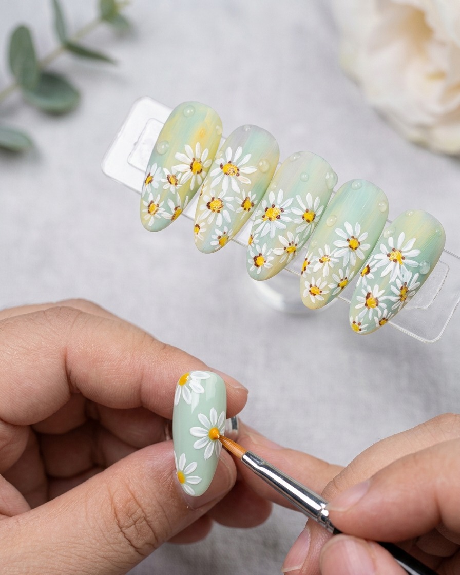 Un dotter applica una goccia di gel trasparente denso su ununghia decorata con margherite e finitura opaca.