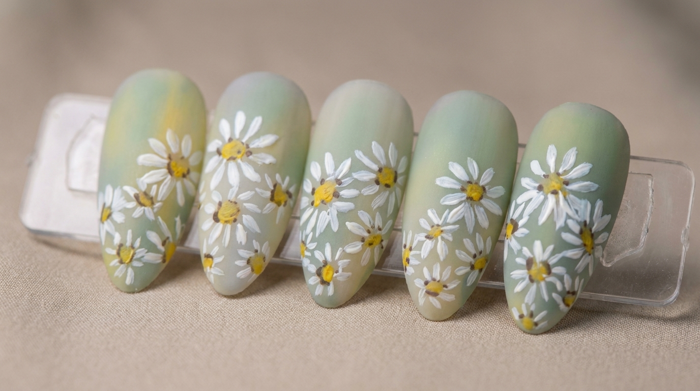 Nail art con margherite bianche in stile pittura a olio su una delicata base sfumata verde salvia, rifinita con un elegante finish matte.