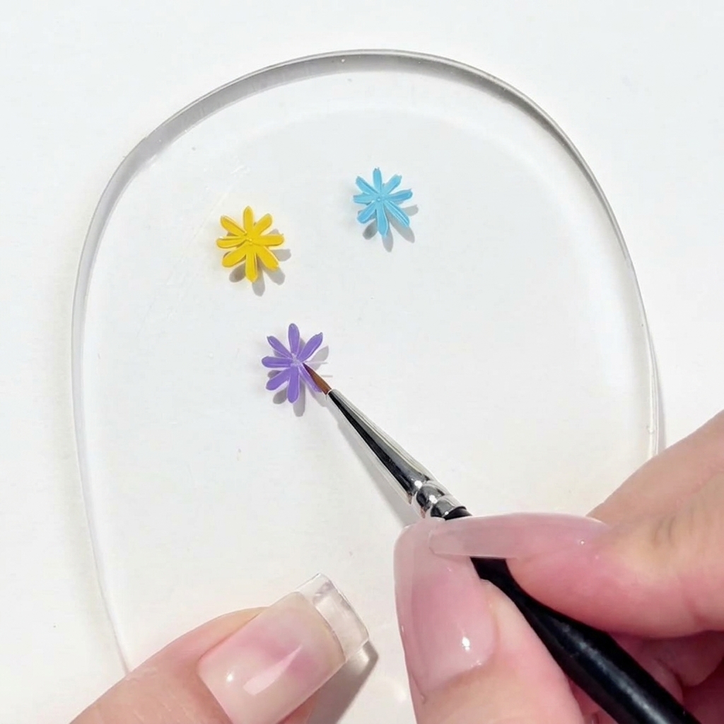 Una vista ravvicinata di un pennello di dettaglio che completa lultimo petalo di un design a margherita viola su una tavolozza per nail art trasparente.
