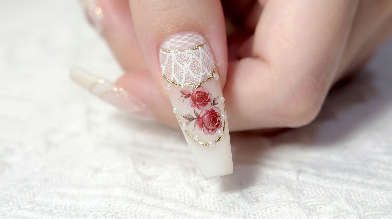 Nail Art Vintage Lace & Rose Watercolor — Tutorial Passo dopo Passo