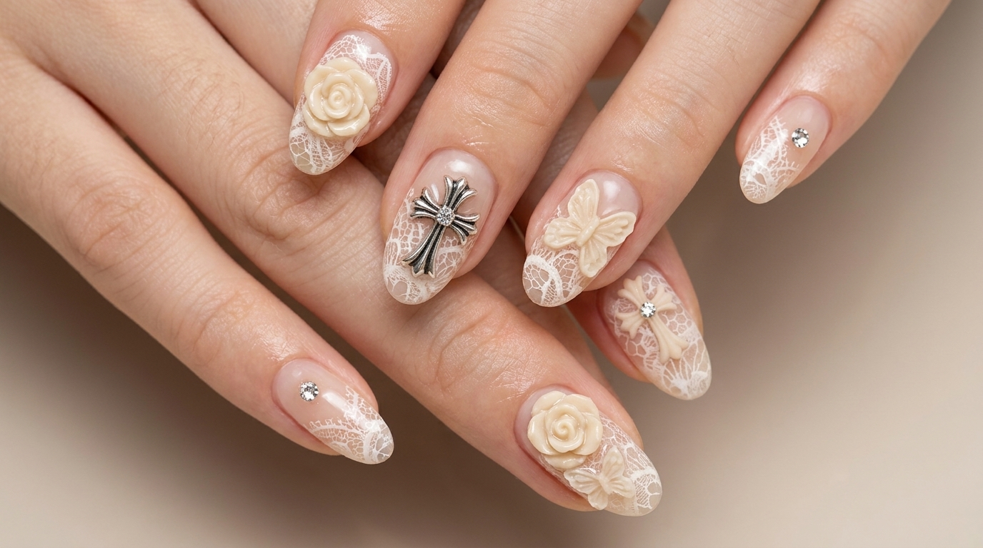 Tutorial: Nail Art Vintage con Chrome Heart e Pizzo