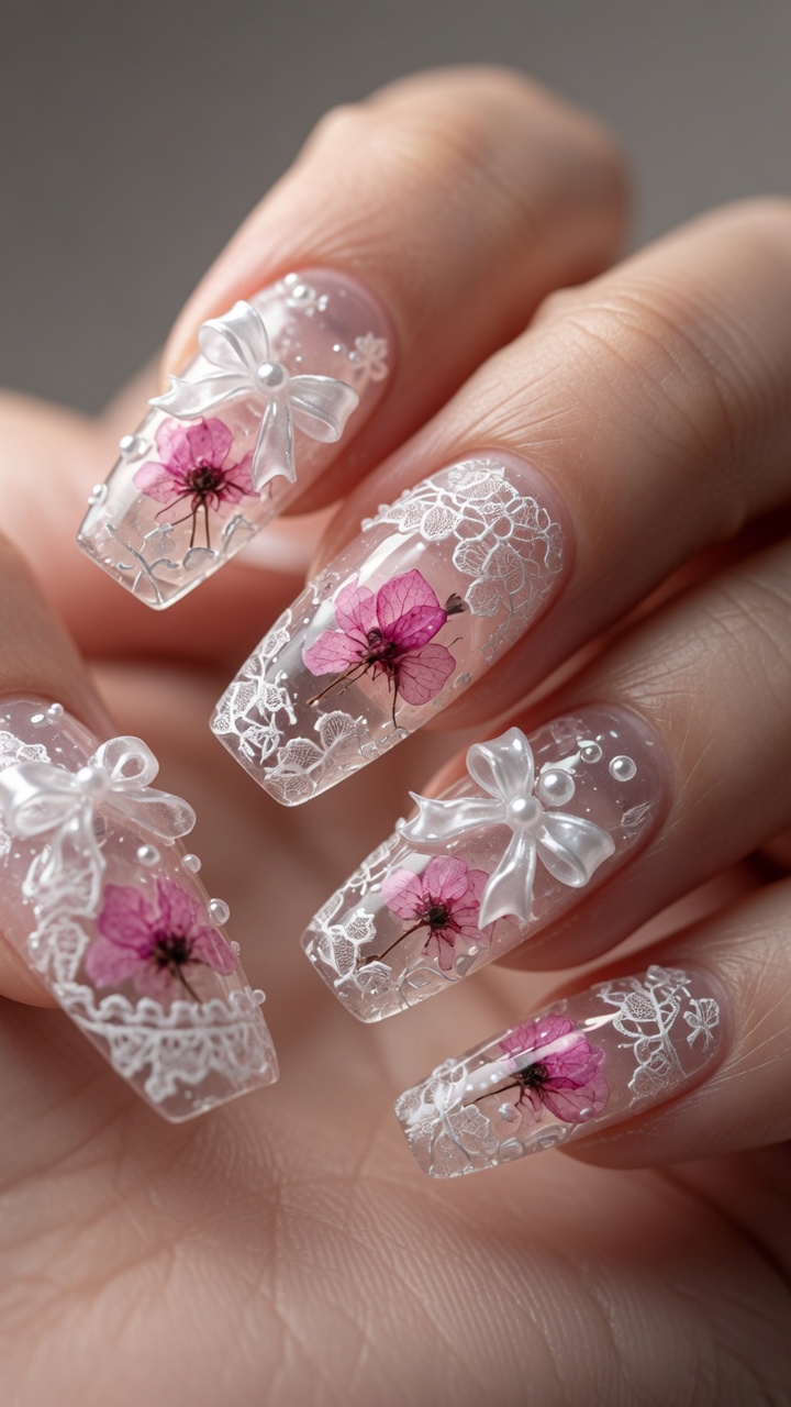Unghie lunghe a ballerina con base trasparente effetto ghiaccio, fiori secchi incapsulati, dettagli in pizzo bianco e charm a forma di fiocco 3D.