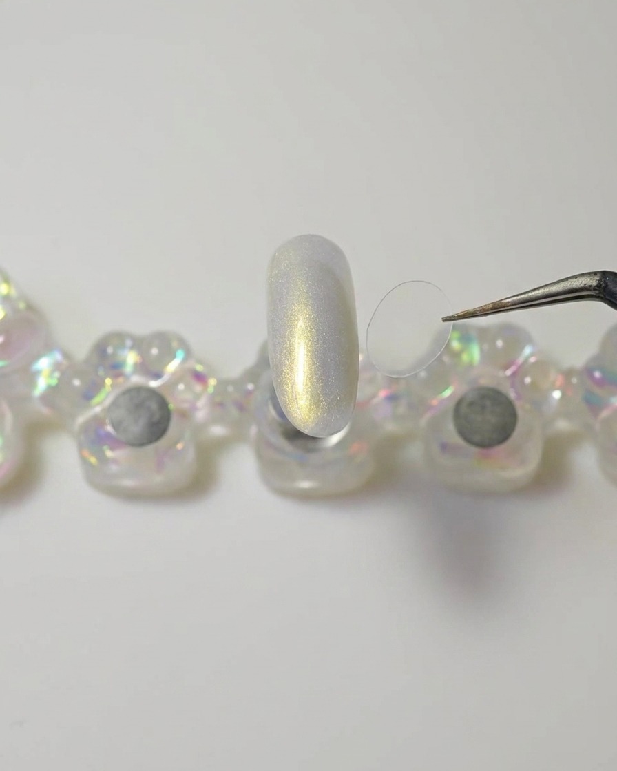 Un paio di pinzette che tengono un piccolo pezzo circolare di plastica trasparente sopra ununghia curata.