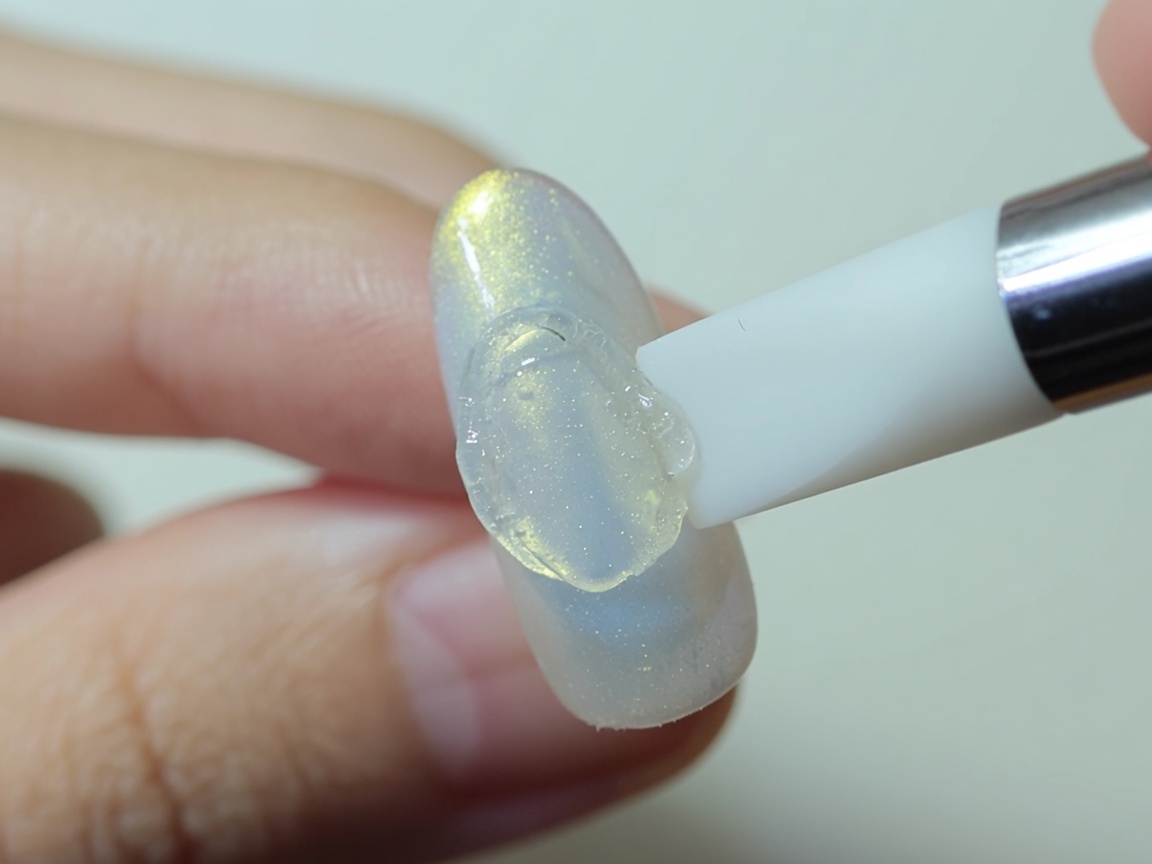 Un pennello applica un sottile strato di smalto gel bianco sopra una base in plastica trasparente su ununghia.