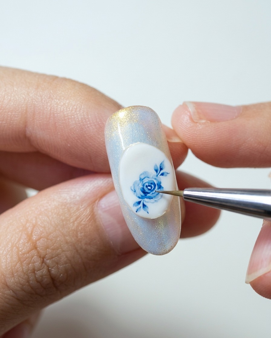 Un pennello a punta sottile aggiunge piccoli dettagli di foglie blu attorno a una rosa blu su uno sfondo bianco.