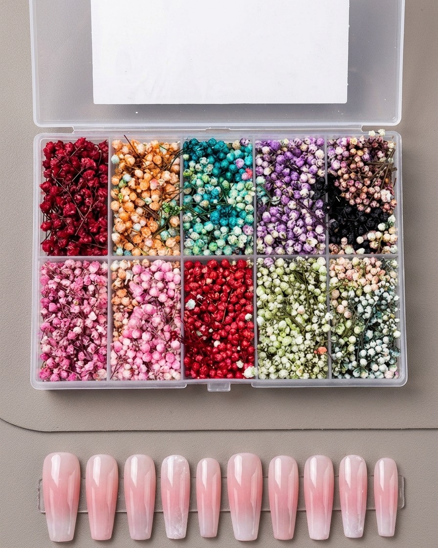 Pinzette posizionano con cura un piccolo fiore secco sulla superficie di ununghia.