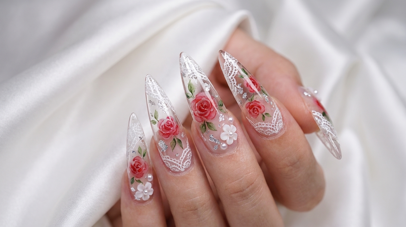 Tutorial Unghie Stiletto: Rose Acquerello ed Effetto Pizzo