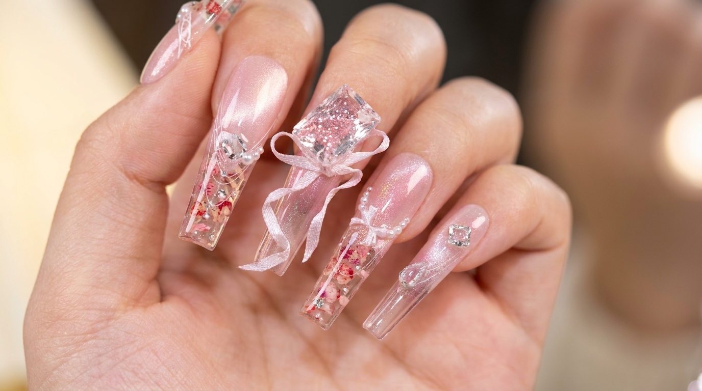 Unghie lunghe a ballerina con fiori essiccati incapsulati, riflessi cat-eye rosa, decorazioni in pizzo bianco e fiocchi 3D di cristallo.