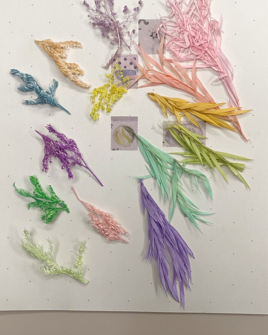 Materiale floreale secco lineare giallo che viene posizionato sulla superficie di ununghia come parte di un processo di incapsulamento.