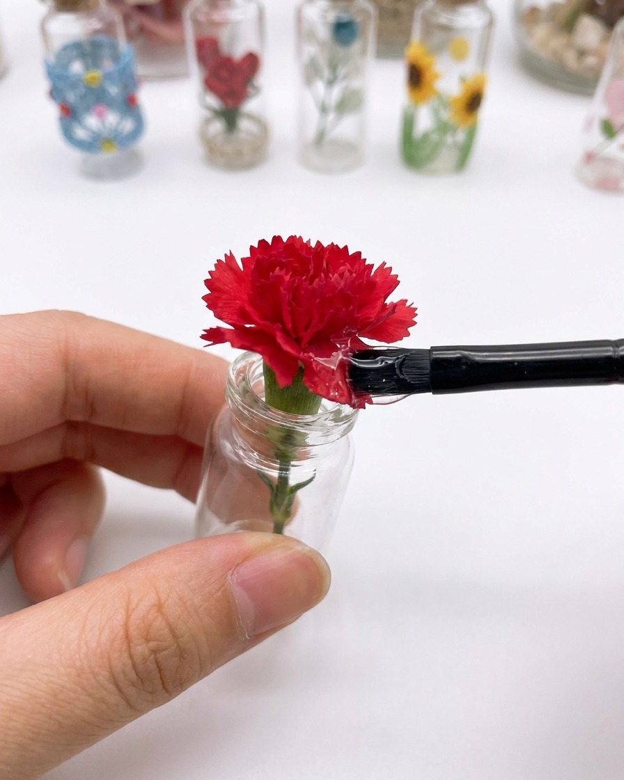 Un pennellino che applica un top coat trasparente sulla superficie di un fiore di garofano rosso inserito in un piccolo decoro per unghie in vetro.