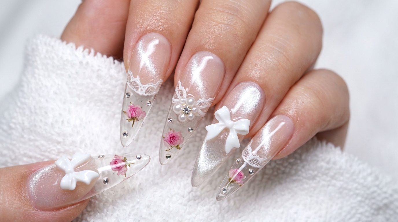 Unghie Cat-Eye con Rose Essiccate Effetto Ghiaccio e Fiocchi 3D — Tutorial Passo dopo Passo