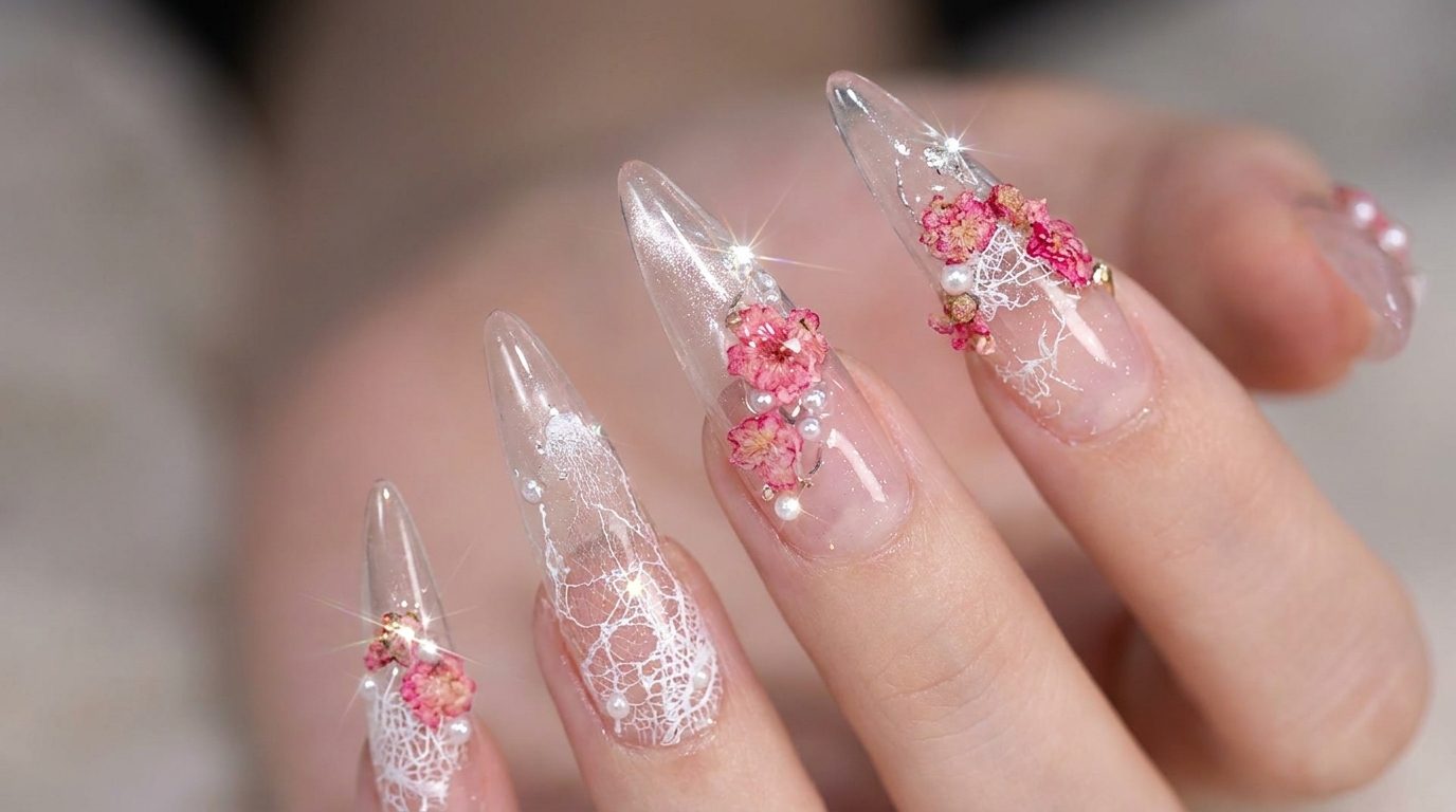 Nail Art Etherea con Fiori Secchi e Pizzo — Tutorial Passo dopo Passo