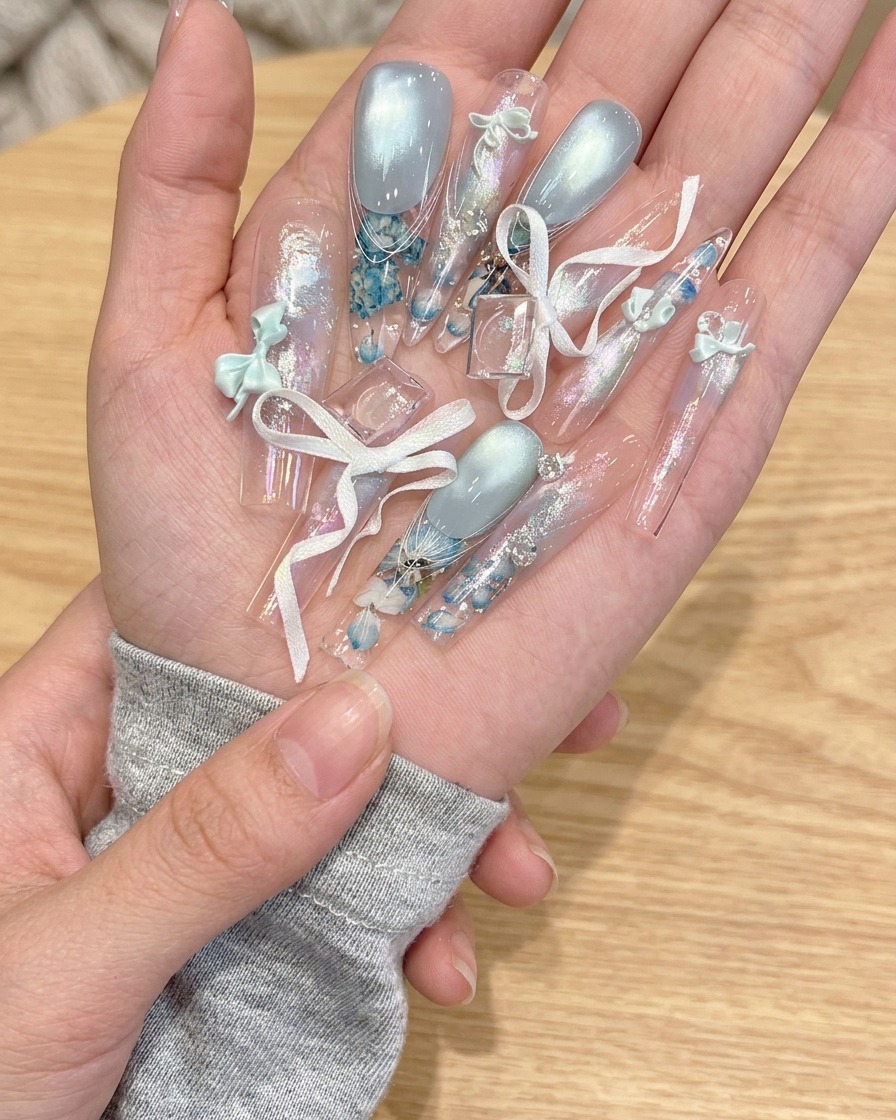 Una tip stiletto trasparente in fase di applicazione su ununghia naturale con colla a pennello.
