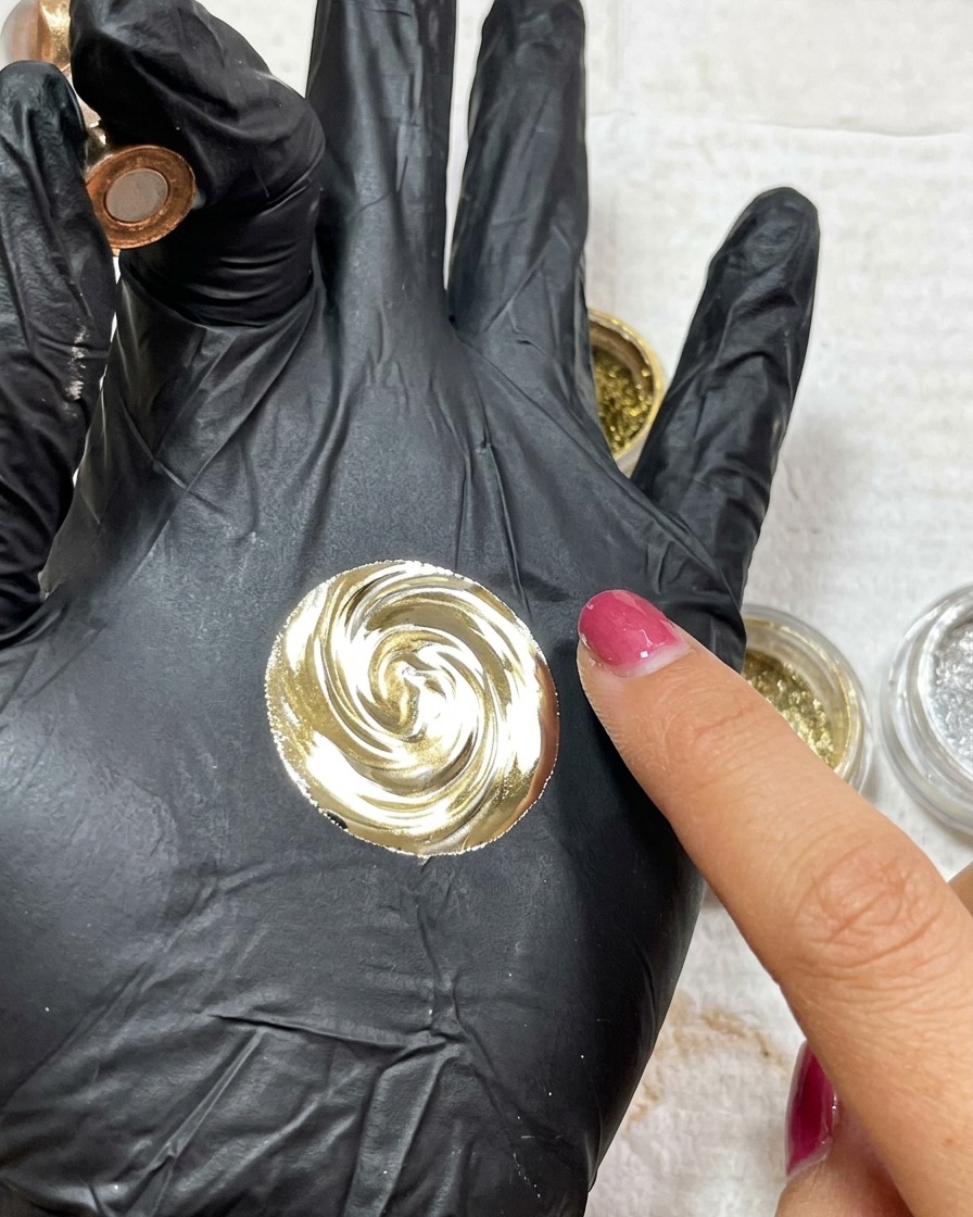 Un dito guantato che strofina un mix di polveri metalliche oro e argento su un disegno a spirale.