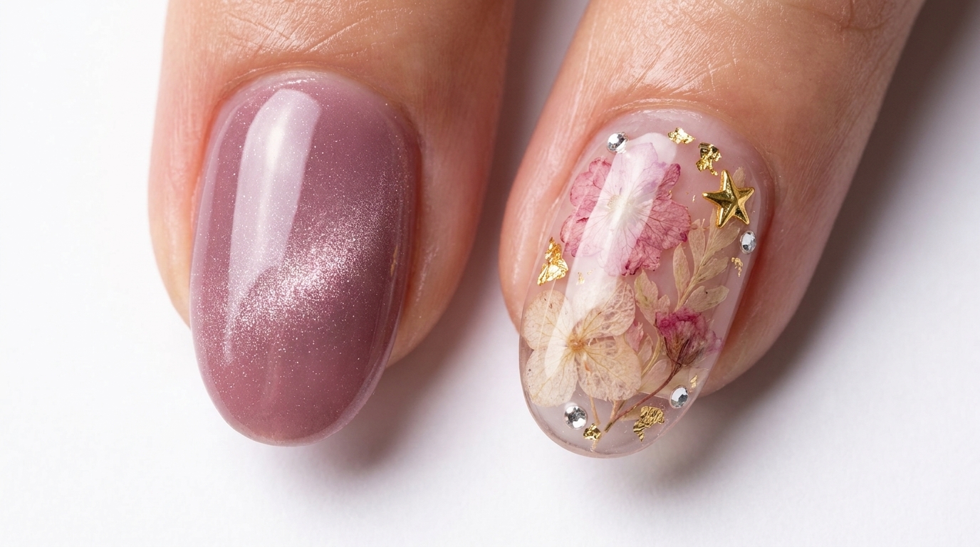 Un sofisticato design primaverile con gel cat-eye malva lucido abbinato a delicati fiori secchi, foglia oro e stelline decorative.