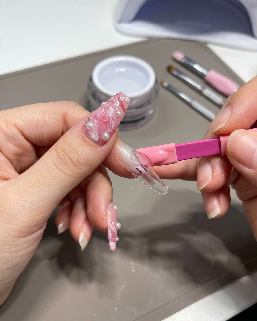 Una mano che posiziona una tip allinterno di una piccola lampada UV rosa per la polimerizzazione.