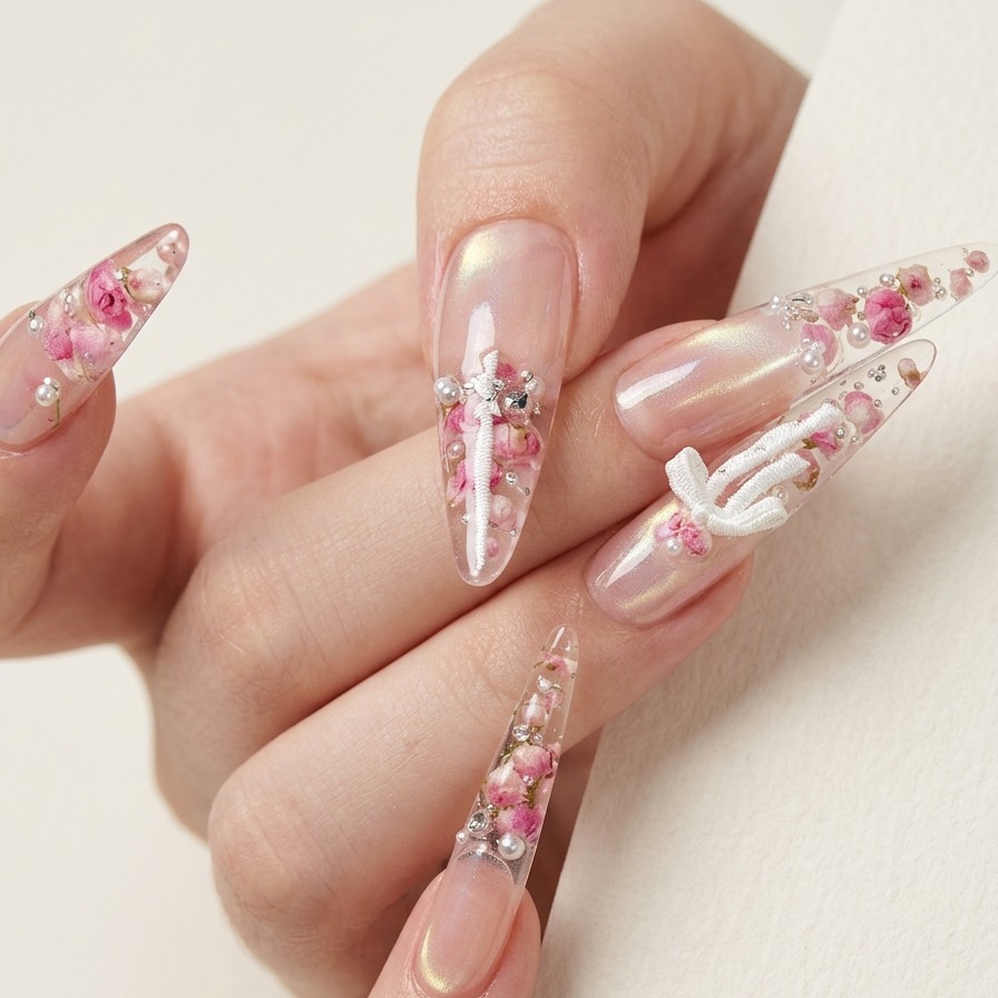 Pinzette che posizionano piccoli petali di rosa secca sul lato inferiore di una tip trasparente.