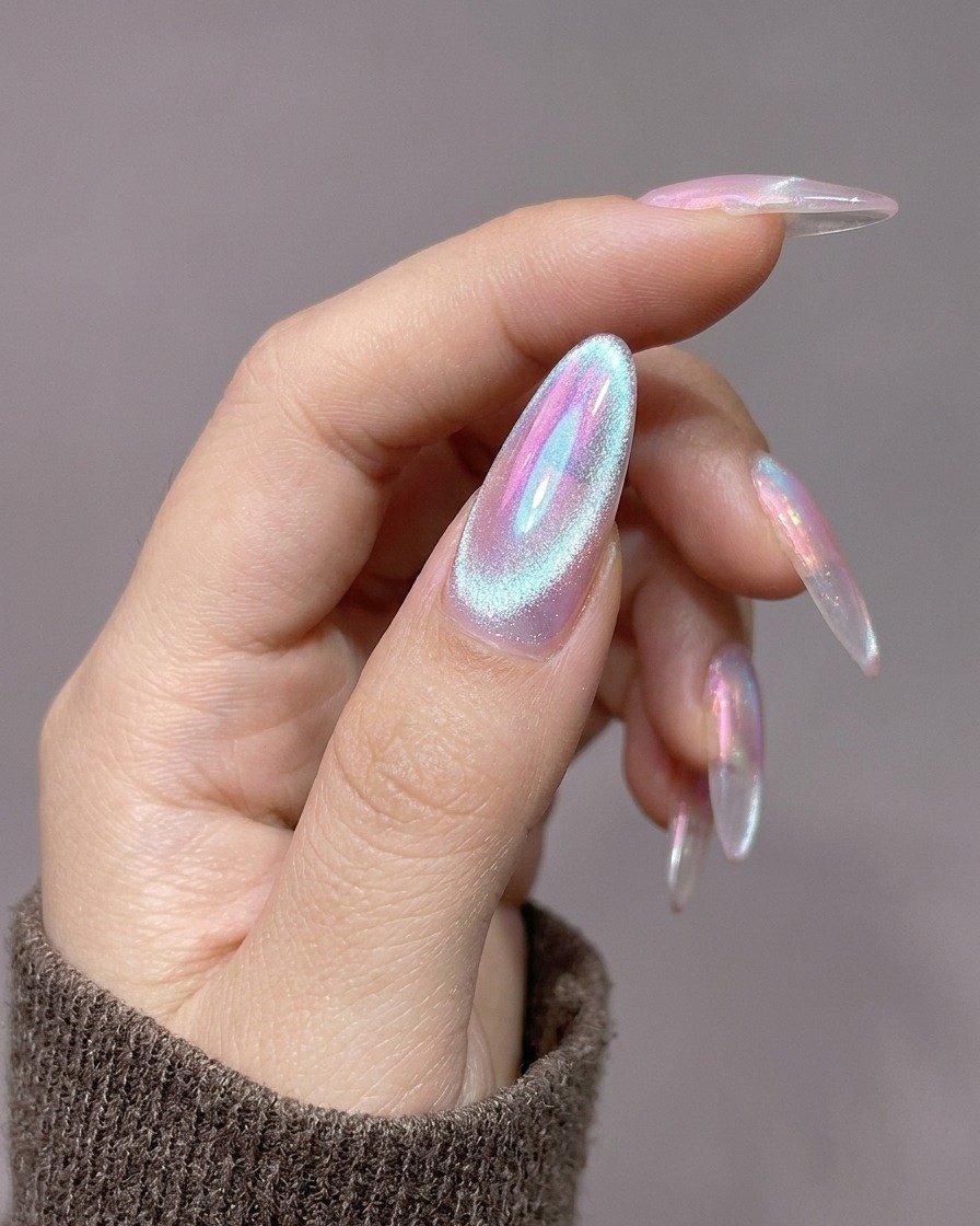 Un magnete cilindrico tenuto verticalmente vicino alla cuticola di ununghia con gel cat-eye bagnato.