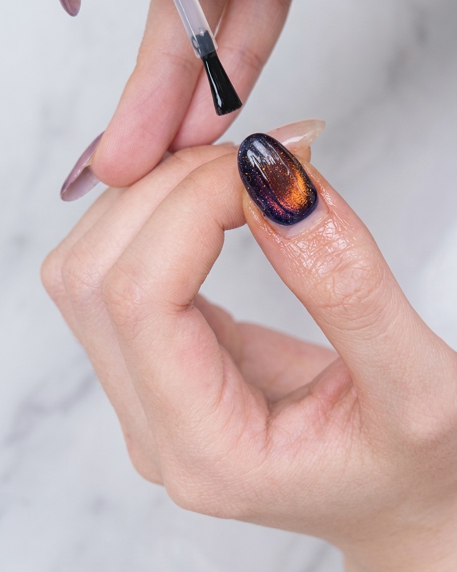 Un pennello che applica uno strato di top coat trasparente e lucido su ununghia in gel cat eye blu e ambra.