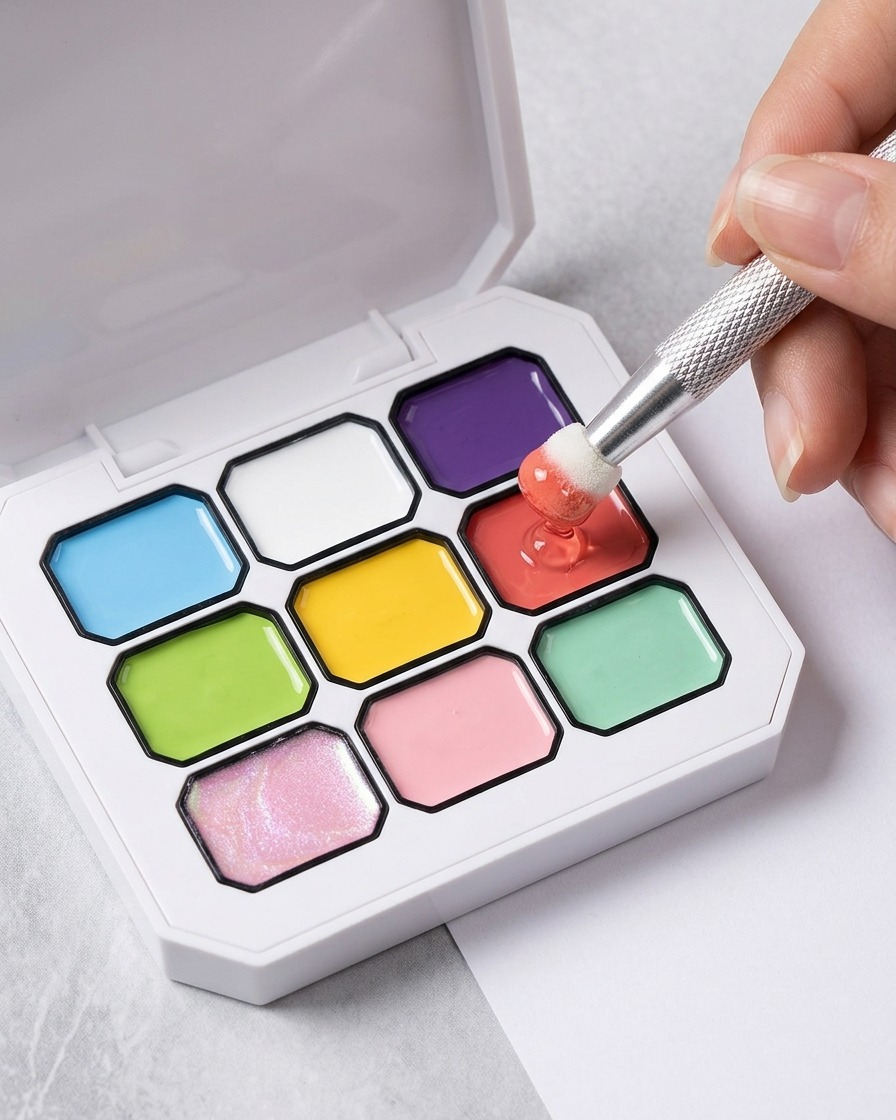 Un primo piano di una mano che utilizza un pennello con punta in spugna, prelevando del gel rosa da una palette di colori per unghie.