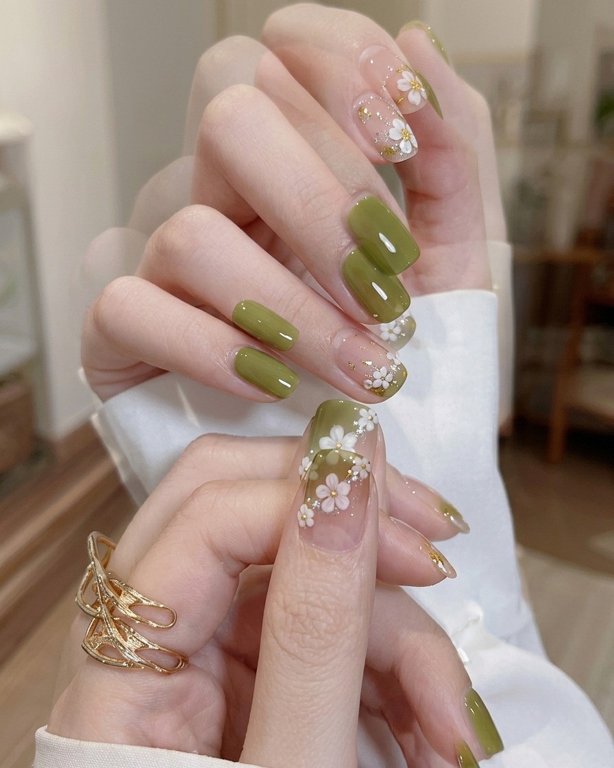 Un pennello che applica uno strato finale di top coat trasparente e lucido su un design per unghie completato.