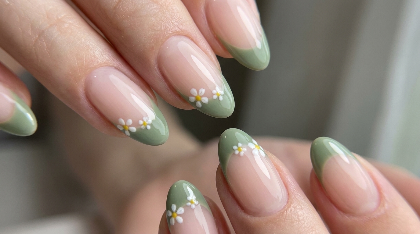 Eleganti unghie a mandorla con una base rosa crema, punte French verde salvia e delicati accenti floreali bianchi.