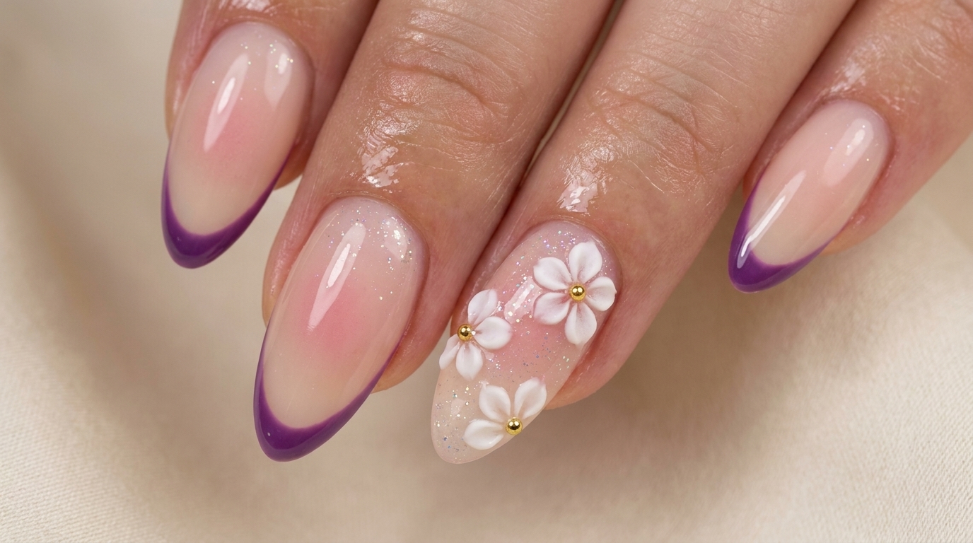 Tutorial French Manicure Rosa con Fiori di Ciliegio e Glitter
