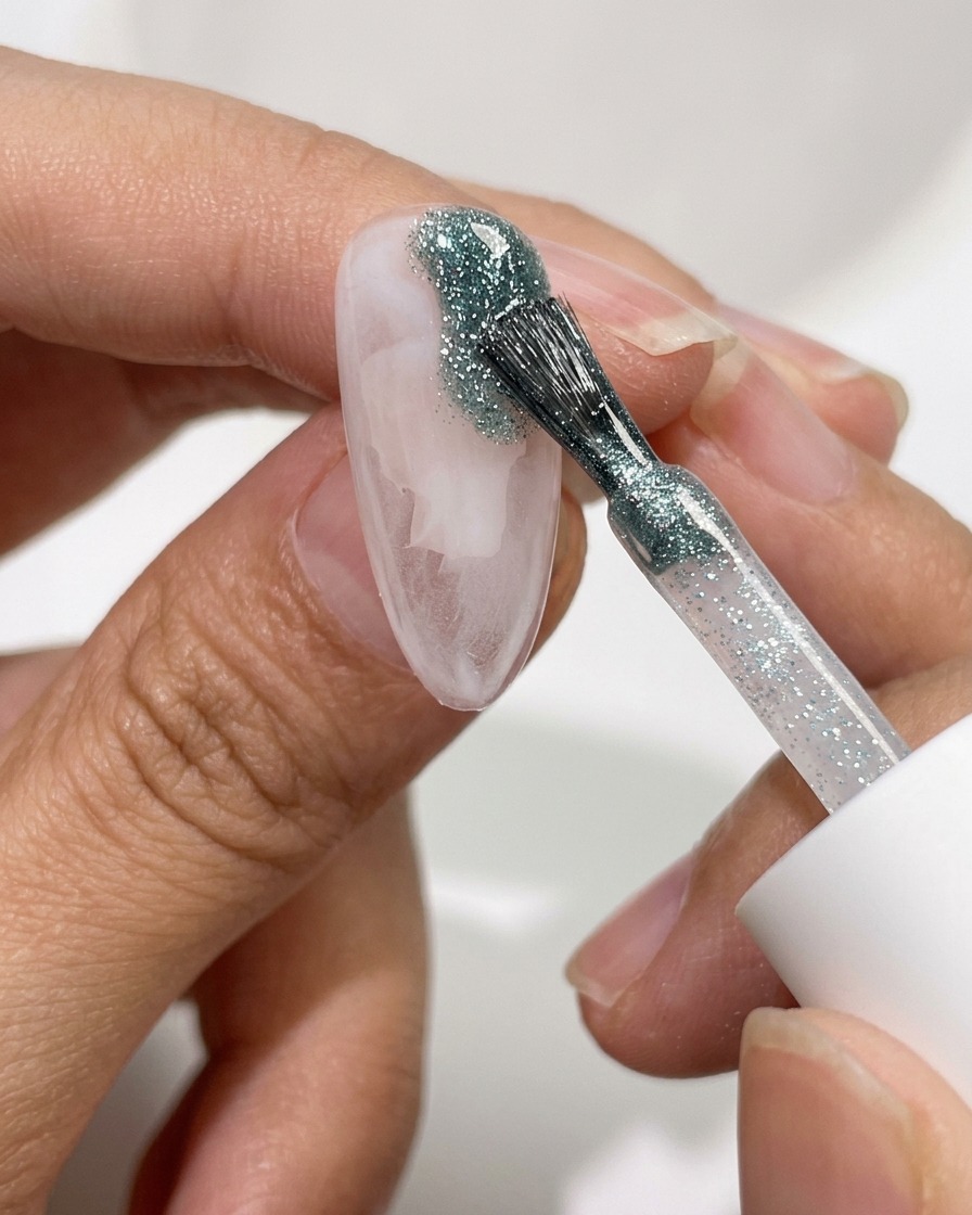 Un pennello applica un gel glitterato argento negli spazi trasparenti dellunghia marmorizzata.