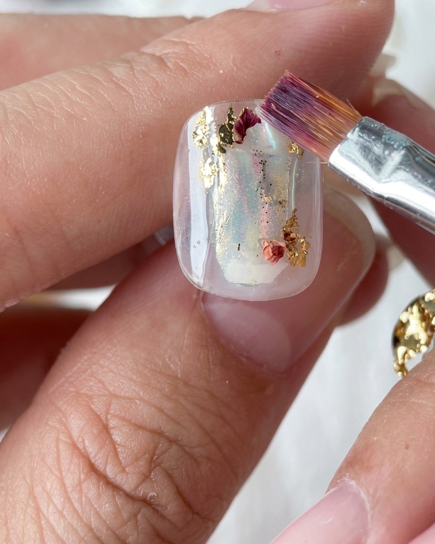 Un pennello piatto utilizzato per premere e levigare delicatamente i pezzi di foglia oro sullunghia.