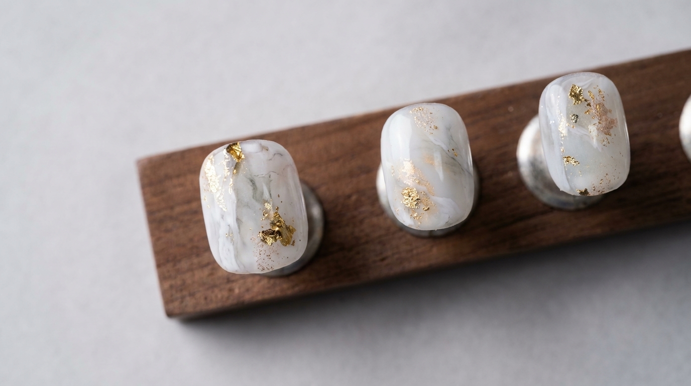 Suggerimenti per unghie effetto marmo bianco latte con delicate venature grigie e accenti in foglia oro su un supporto in legno.