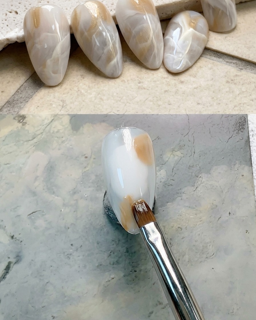 Primo piano di ununghia con una goccia di gel marrone applicata sul quadrante in alto a destra.
