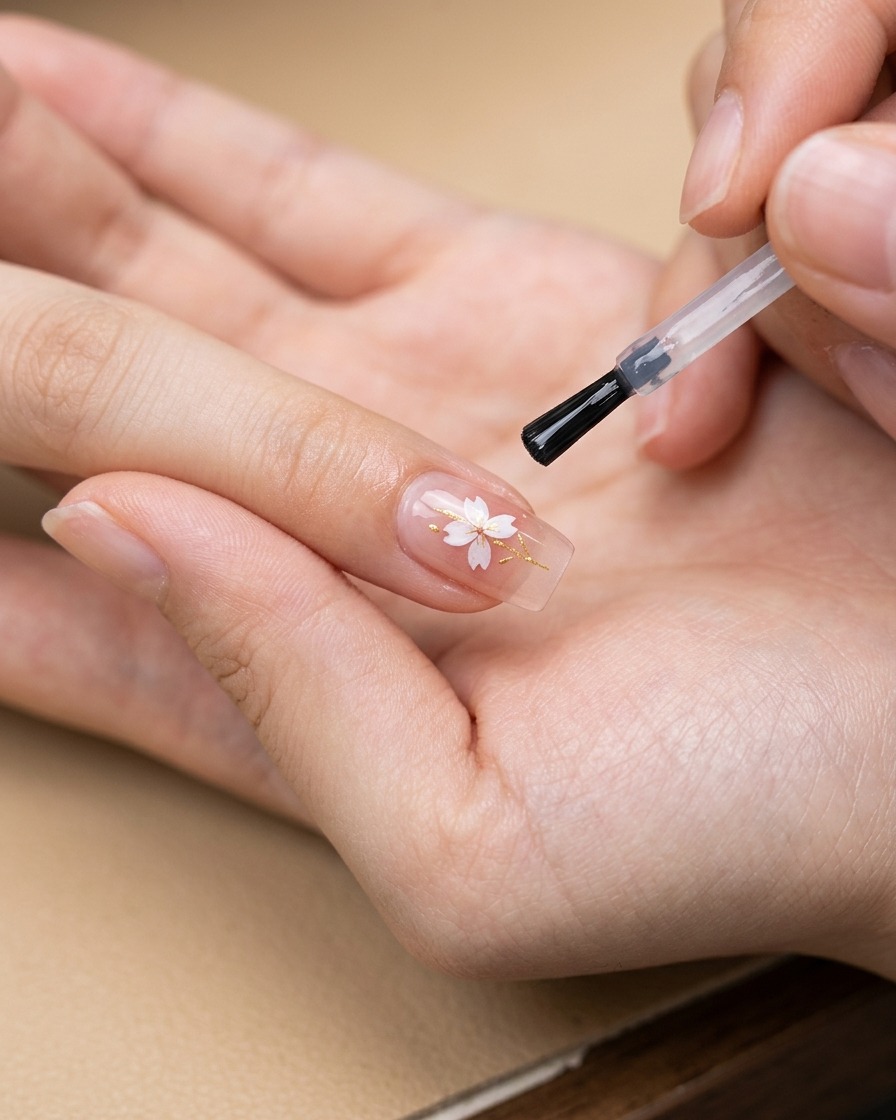 Un pennello applica uno strato finale di gel trasparente lucido sopra ununghia con una decorazione a fiore di ciliegio.