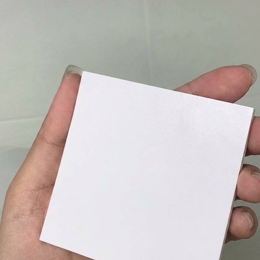 Una mano che tiene un foglio tavolozza quadrato, bianco, pulito e non poroso.
