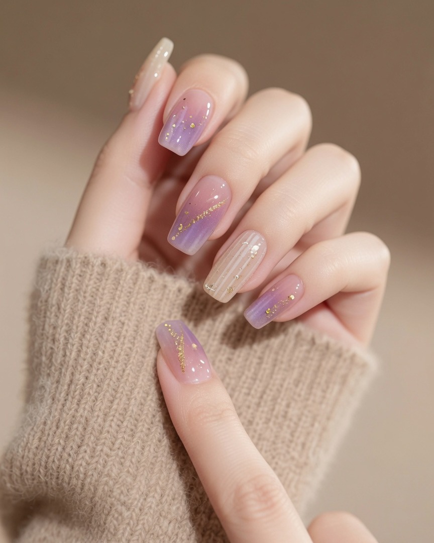 Un pennello per unghie che applica uno smalto gel viola-rosa tenue al centro di ununghia.