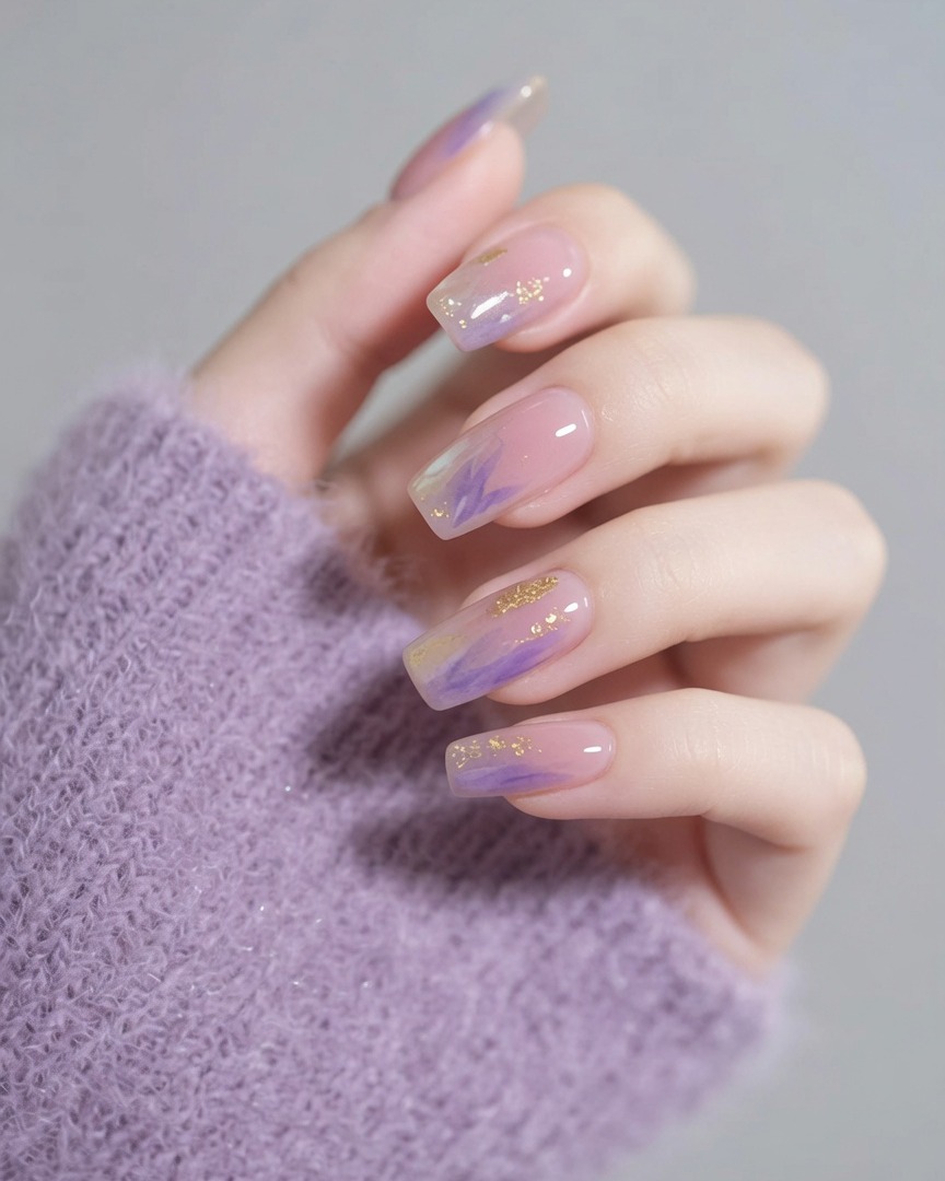 Un pennello che applica un top coat trasparente e lucido su un design per unghie sfumato viola con accenti dorati.