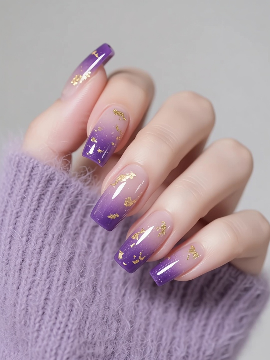 Unghie Gel Sfumate Viola con Dettagli in Foglia d'Oro: Guida Passo dopo Passo